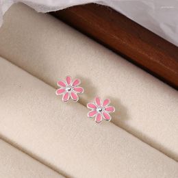 Stud Earrings Cute Real 925 Sterling Silver Women Enamel Pink Daisy Flower Earings Girl Gifts Fine Jewellery For Woman