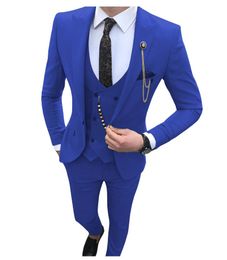 Men's Suits & Blazers Men Suit Slim Fit 3 Piece Royal Blue Peaked Lapel Business For Wedding Casual Prom Tuxedos Groom(Blazer Vest Pant)