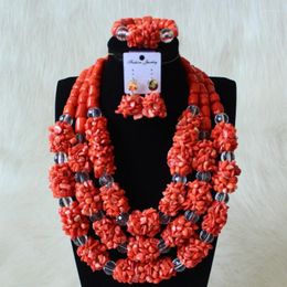 Necklace Earrings Set Dudo Nigerian For Women 3 Layers Beaded Nature Coral African Wedding Jewellery 2023 Bridal Free Ship