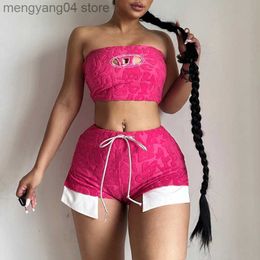 Women's Tracksuits Sexy Hollow Out Short Tracksuit Women Summer Tube Crop Top + Bandage Slit Shorts Two Piece Set Lounge Wear Outfits Girls T230515