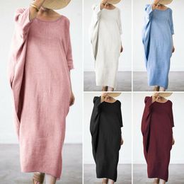 Casual Dresses 2023 Spring Dress Womens Soft Cosy Cotton Linen O Neck Maxi Pocket Batwing Sleeve Solid Sexy Big Swing Plus Size