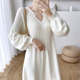 Casual Dresses Autumn Winter Office Lady Maternity Solid Long Woollen Sweater Dress Korean Fashion Loose Mother Knitted Women