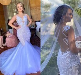 Ebi Arabic Aso Sexy Vintage Mermaid Lace Beaded Sheer Neck Bridal Dresses Cheap Backless Wedding Gowns Cg002