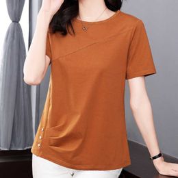 Women's T-Shirt Women's Clothing Tees T-shirt Streetwear Summer Short Sleeve Oversized Solid Button Folds Loose Round Neck Fashion Casual Tops P230515