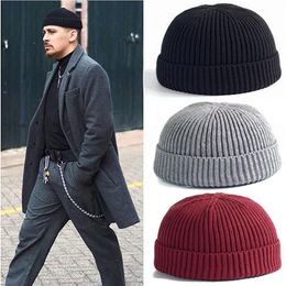 Men Knitted Hat Wool Blend Beanie Skullcap Cap Brimless Hip Hop Hats Casual Black Navy Grey Retro Vintage Fashion New236t