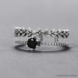 Band Rings Antique Silver Color Vintage Adjustable Rings for Women Branch Black Stone Double Layer Opening Rings Fancy Girls Jewelry