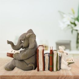 Decorative Objects Figurines Elephant and Rabbit Reading Learning Statue Bookend Resin Animal Statue Decoration Home Decor 230515