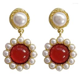 Backs Earrings Korean Style Retro Small Simulated Pearl Clip No Pierced Ears Temperament Resin Red Stone Fake Piercing Women