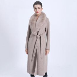 Women's Wool MISSJANEFUR Long Coat Women Elegant Slim Belted Cashmere Trench With Real Fur Collar Winter For