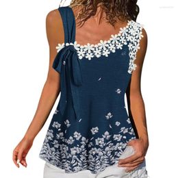 Women's Blouses 2023 Summer Print Sleeveless Blouse Flower Lace Skew Collar Woman Elegant Shirt Bandage Stylish Casual Loose Top Blusas