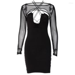 Casual Dresses Suit Women's Black Mesh Long-sleeved Dress Sexy Hollow Out Halter Two-piece Bodycon Mini