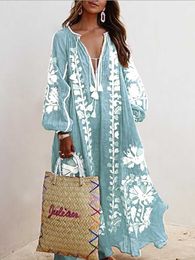 Casual Dresses Oversized Print Long Dress Women Boho Maxi Dress Female V Neck Lantern Sleeve Dress Ladies Casual Loose Vintage Vacation Dress P230515