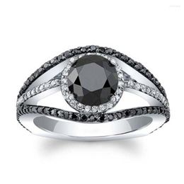 Wedding Rings Huitan Vintage Graceful For Women Flower Pattern Black/White Stone Bridal Party Jewellery Drop Ring