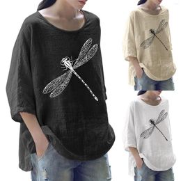 Women's Blouses Women Cotton Linen Blouse Summer 3/4 Sleeve O Neck Womens Tops And Fashion Dragonfly Casual Oversized Boho Shirts Tunics
