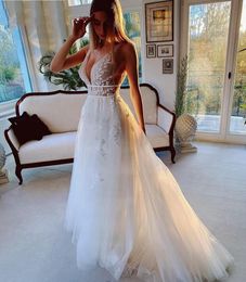 Summer Beach Boho Wedding Dress Lace Tulle V-Neck Backless A-Line Bridal Party Gown Sexy Vestidos De Novias Robe De Mariage 2023