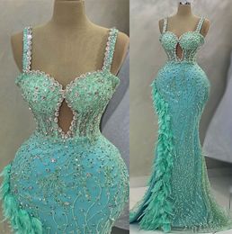 2023 May Aso Ebi Mint Mermaid Prom Dress Feather Crystals Luxurious Evening Formal Party Second Reception Birthday Engagement Gowns Dress Robe De Soiree ZJ264