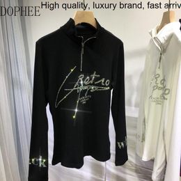 Women's T Shirts Letters Blingbling Drilling Zip High Collar Long Sleeve Bottoming Shirt Black Autumn Winter Pullover Top Knitted Cotton