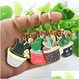 Keychains Lanyards Lovely Cactus Women Potted Succent Plants Shaped Keychain Ring Gold Car Key Chains Good Gift For Friend Drop De Dha5V