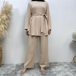 Ethnic Clothing Fashion Women's Simple Wide-leg Trousers Muslim Sets Lace-up Tops And Pants Two Piece Set Ensemble Femme Musulmane