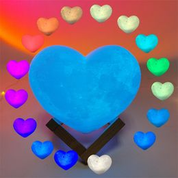 Night Light Heart-Shaped Moon Lamp, 3D Printed USB Charging with Wood Stand, 16 Colours Night Light for Birthday Party Christmas gift home decor touch remote