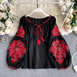 Women's Blouses Ins Chic Travel Style Embroidery V-neck Blouse Top Lantern Sleeves Tassels Nationality Loose Shirt