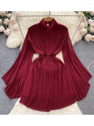 Casual Dresses Women Summer Dress Pleated Flared Sleeves High Collar French Light Luxury Niche Design And A Waistband Chiffon D3572