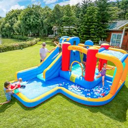 Inflatable Slide Water Park with Pool Bounce House Sports Playhouse for Children Backyard Outdoor Play Fun in Garden w/ Basketball Hoop Toys Small Gifts Party