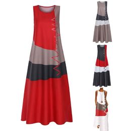 Casual Dresses Women Plus Size Sleeveless O-Neck Maxi Long Tank Dress Color Block Wavy Stripe Print Vintage Loose Beach Sundress S-5XL