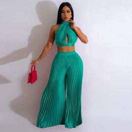 Women's Two Piece Pants Leosd Fashion Set Artificial Silk Sleeveless Cross Crop Top Pleated Wide Leg Women Sexy Outfits 2023 Club Suit