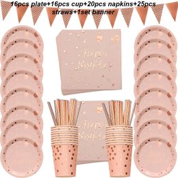 Disposable Dinnerware 78pcs Rose Gold Party Disposable Tableware Set paper Plates Cup Straws Adult Birthday Party Decorations Kids Babyshower Girl 230515