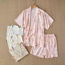 Women's Sleepwear Japanese-style kimono short-sleeved shorts summer ladies pajamas suit cotton home service suit pajamas women pink pajamas suit 230515