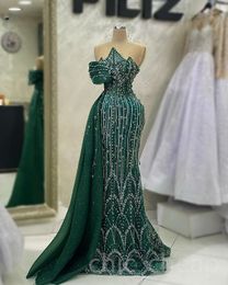 Aso Ebi 2023 Arabic Dark Green Prom Dress Beaded Crystals Mermaid Evening Formal Party Second Reception Birthday Engagement Gowns Dresses Robe De Soiree SH038