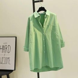 Women's Blouses Stylish Spring Button Up Tops Solid Colour Cotton Shirt Women Lady Long Sleeves Korean Loose White Matcha Green Top
