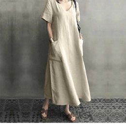 Casual Dresses Summer Dresses for Women National Style Retro Women's Cotton and Linen V-neck Large Swing Loose Dress with Pocket P230515