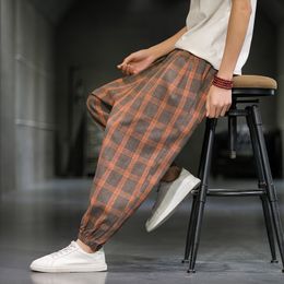 Men's Pants Chinese Style Ice Cotton Casual Pants Men Summer Breathable Thin Section Harem Pants Comfortable Loose Plaid Pants 230515