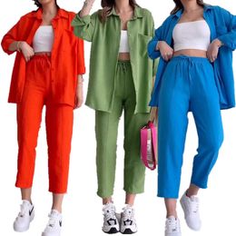 Women's Two Piece Pants Women Solid Pant Sets Two Pieces Set Long Sleeve Cropped Button Loose Shirt Wide Leg Pants Outfits Ladies Sporty Suits P230515