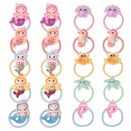 16159 Cute Baby Girls Hair Rope Resin Cartoon Mermaid Sea Animal Kids Hair Ring High Elastic Hairband Children Girl Hairs Rings