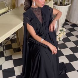 Party Dresses Black Chiffon Cape Sexy Vneck Aline Prom Sleeveless Dres Silk Floor Lenght Evening 230515