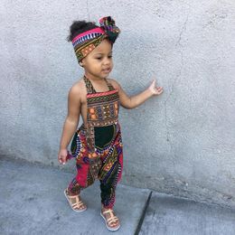 Ethnic Clothing Siskakia African Child Girls Print Jumpsuits With Headband Halter Backless Jumpsuit Kids Romper Fashion Summer Outfits