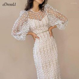 Casual Dresses Embroidery Lace Evening Party Dress Women Elegant Mid Long Lantern Sleeves Sexy Vintage Wedding Guest GY-121