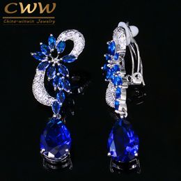 Ear Cuff CWWZircons Non Perforated Retro Royal Blue CZ Crystal Flower Shaped Non Perforated Bridal Clip Earrings CZ023 230512