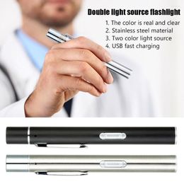 Flashlights Torches Mini LED Pen Dual Light Source Stainless Steel USB Built Rechargeable Flash Gift Supplies