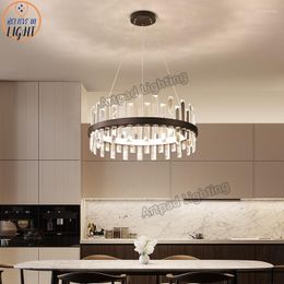 Chandeliers Chrome LED Postmodern Round Stainless Steel Crystal Chandelier Lighting Lustre Dinning Room Suspension With Remote Control