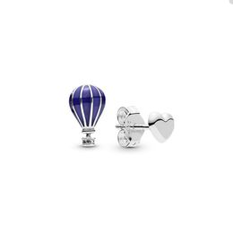 Blue hot air balloon and Heart Stud Earring for Pandora Real Sterling Silver Cute Jewellery designer Earrings For Women Girlfriend Gift Love earring with Original ox