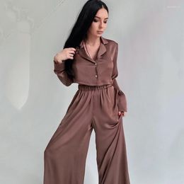 Women's Sleepwear Women Pajamas Long Sleeve Lapel Satin Nightwear With Trousers Two Pieces Short Sleep Top&Pants Suit