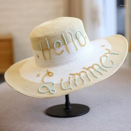 Wide Brim Hats Custom Style Color Patchwork Straw Hat Female Summer Hand-stitched Pearl Embroidery Letter Big Sun Korean Beach Chapeau