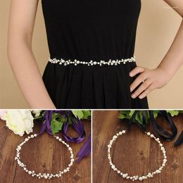 Belts Fashion Crystal Bridal Belt Pearls Beading Waist Long Ribbon Decorative Waistband Silver Golden Pearl Wedding