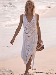 Coverups Sexy Sleeveless Bikini Coverups White Crochet Tunic Knitted Summer Beach Dress Women Beach Wear Swim Suit Cover Up Q1299 230515