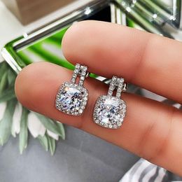 Stud Earrings Fashion Versatile Dazzling Circle With Crystal Cubic Zirconia Minimalist Silver For Teens Women's Jewellery