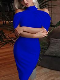 Lässige Kleider Sommer Elegant Bodycon Off Schulter weiße Kleid Mode Frauen halb hoher Hals Pendelkleid sexy Midi Beach Kleid Vestidos 67